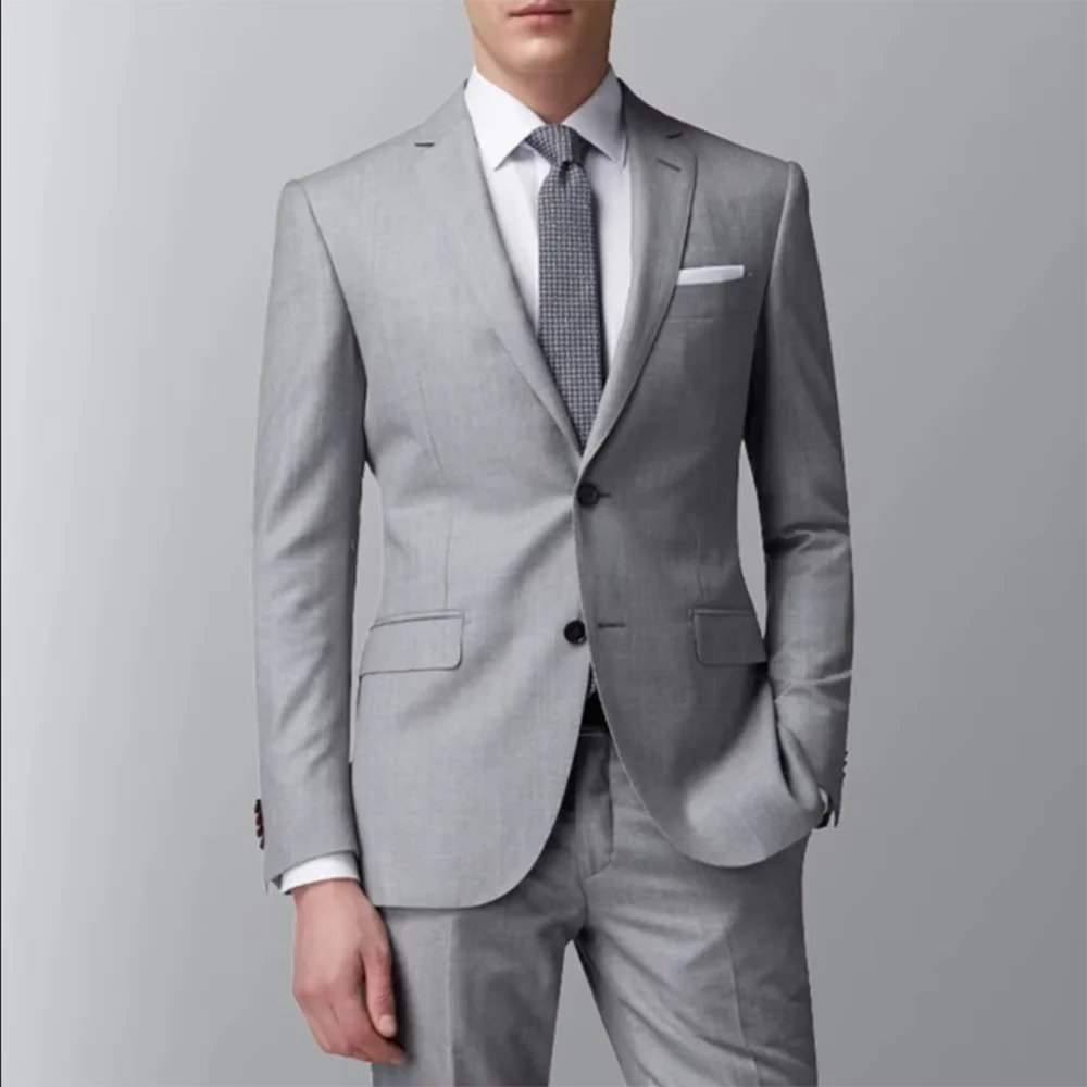 Handsome Grey Business Men Suits Slim Fit 2 Piece Set Male Fashion Jacket with Pants Suit Formal Dinner Party High Quality