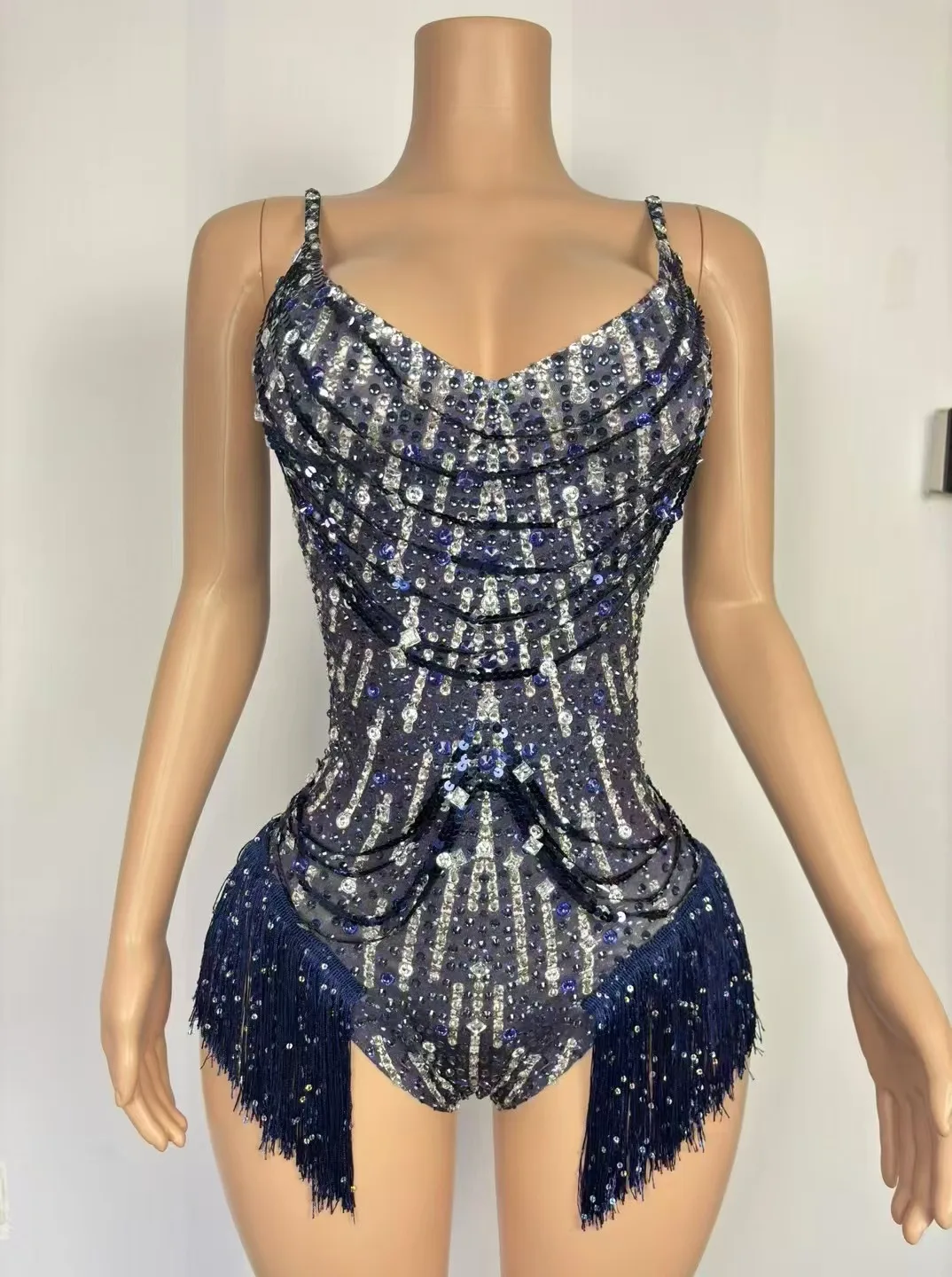 Sparkly Rhinestones Tassel Sexy Bodysuit Women Birthday Party Bar Dj Singer Dancer Costume Stage Performance Photoshoot Leotard
