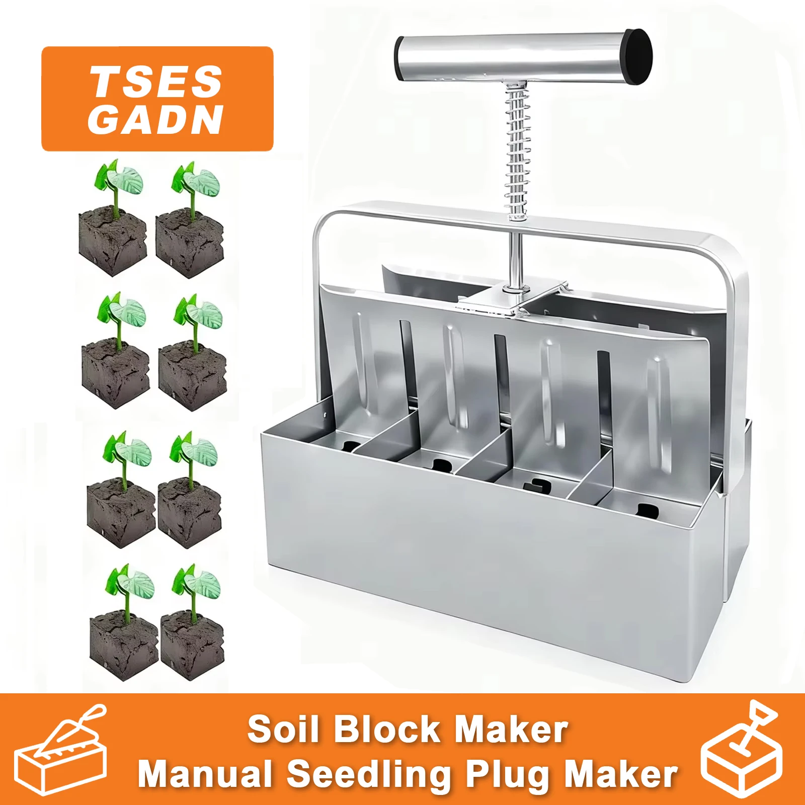 TSES Soil Block Maker Manual Seedling Plug Press for Vegetable & Herb Seedlings, Reusable Garden Starter Tool with 8 Soil Plugs