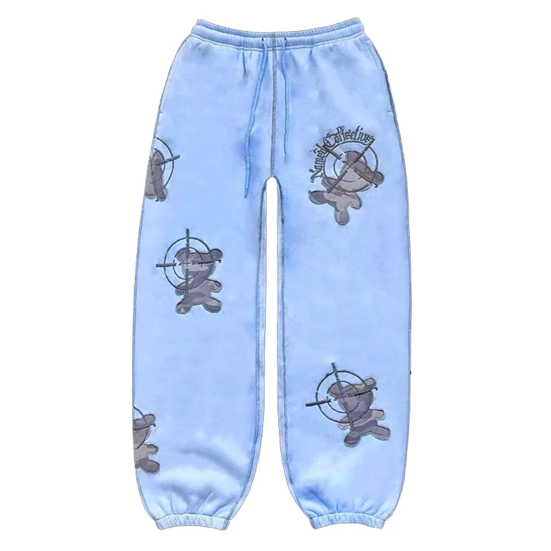 Harajuku Yk2 men\'s high-waisted loose bear embroidered trousers street clothes hip-hop women\'s American straight high street leg