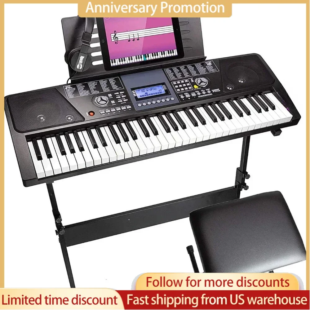 61 Key Keyboard Piano with LCD Display Kit, Stand, Bench, Headphones, Simply App & Keynote Stickers Keyboard Piano