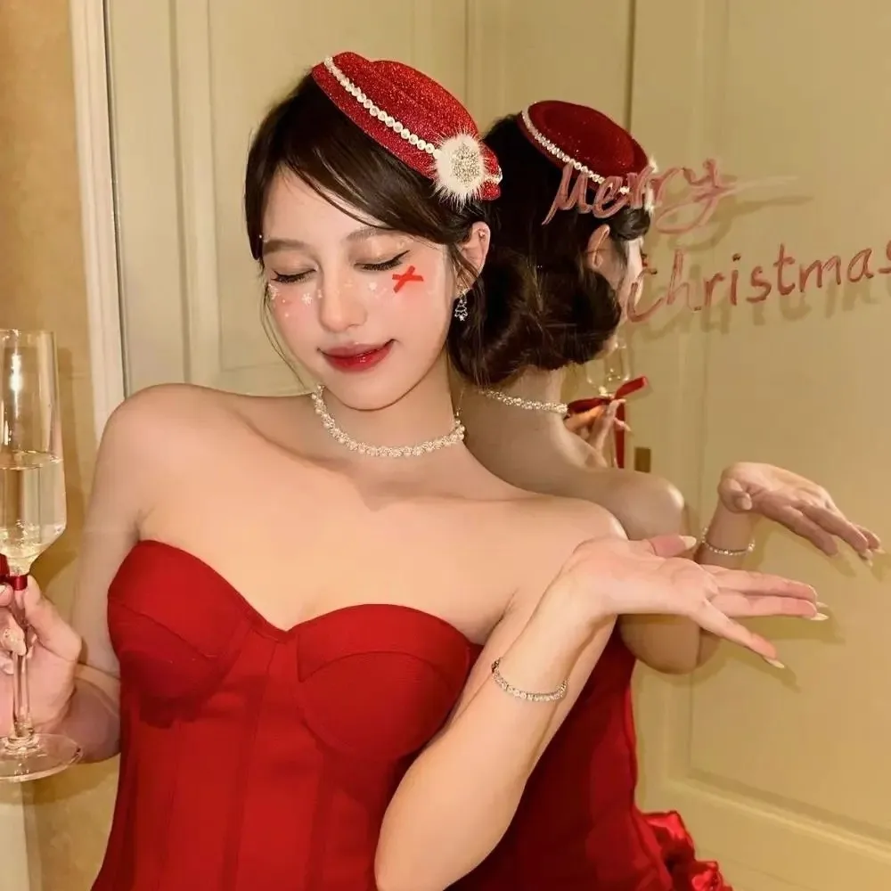 Elegant Snowflake Rhinestone Beret Fedoras Hat Adjustable Clip Velvet Red Top Hat Hairpin Party Headwear