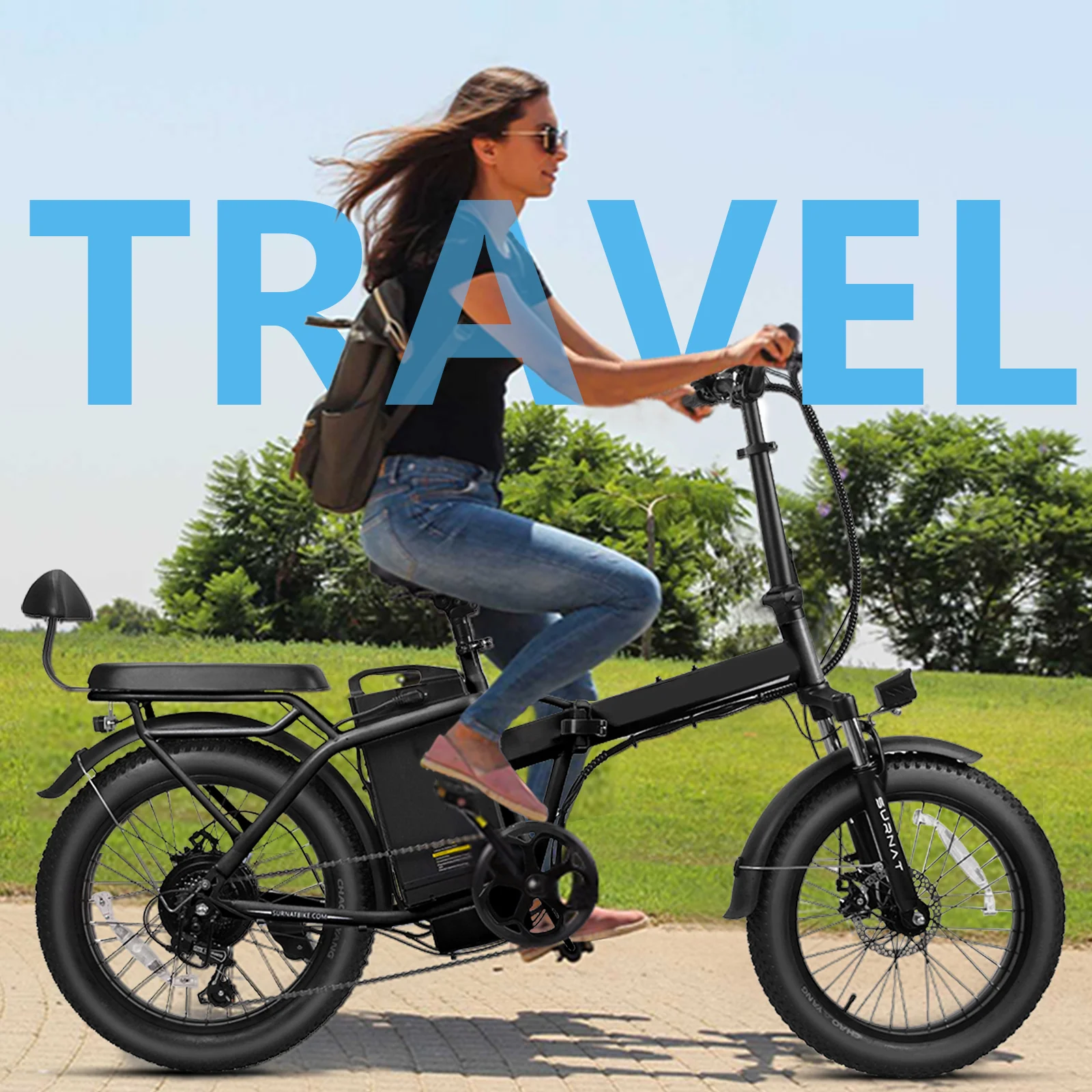 750W adult folding electric bicycle 48V 32Ah detachable battery, 20 inch x 3.0 inch wide tire electric bicycle, adjustable seat