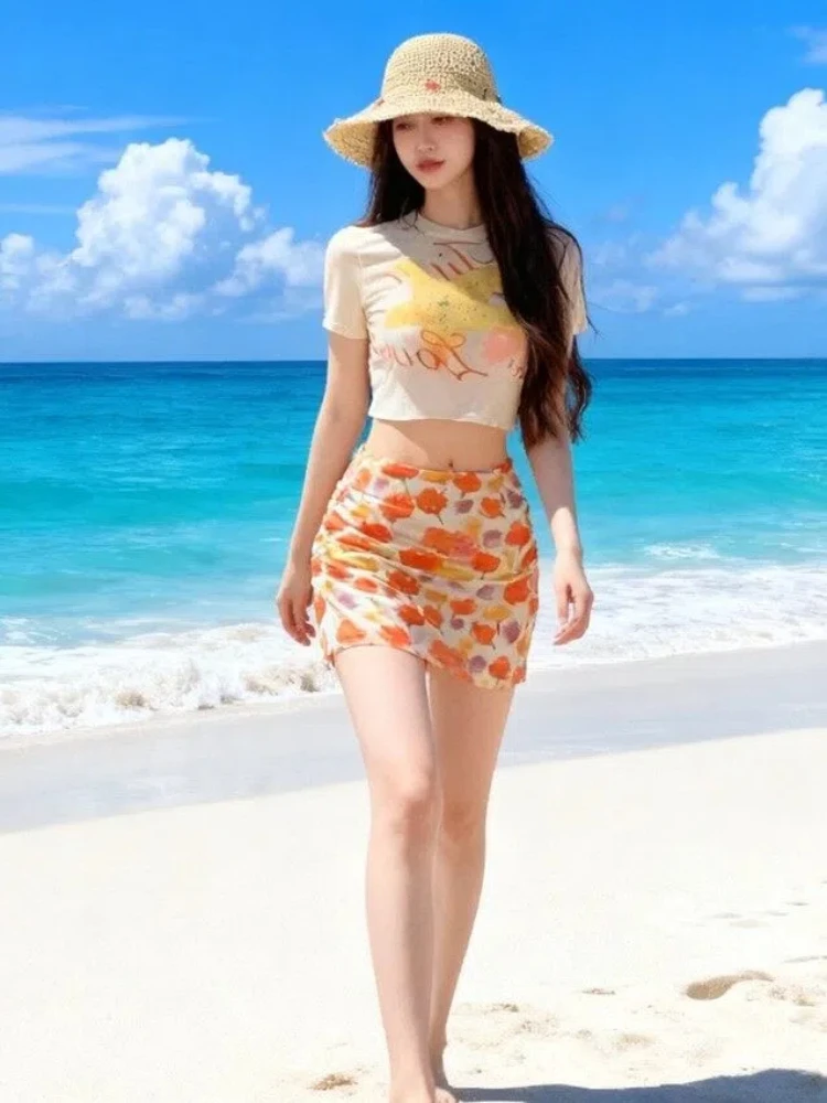 Bikini Set 4-Piece Floral Print & Sexy Design Hot Girl Vacation Swimsuit Summer Crop Tops Sexy Skirt Mini Sundress Cover Up Ropa