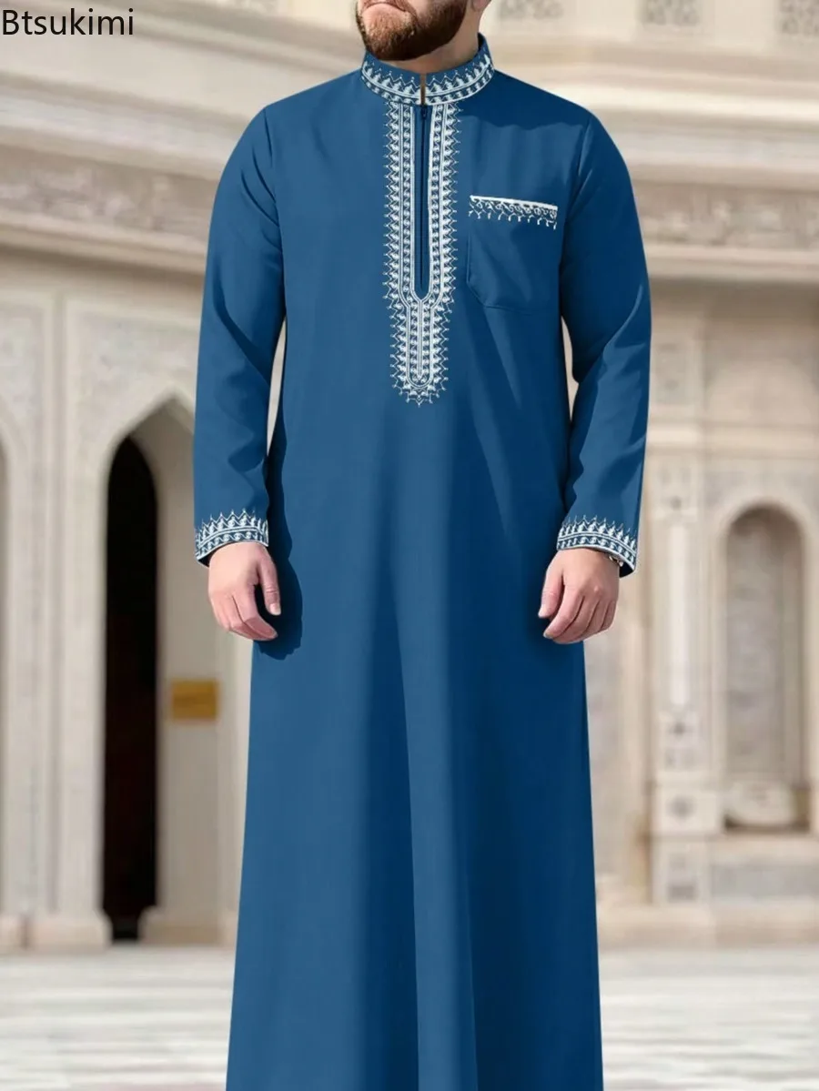 Roupão Masculino Tradicional com Padrão Étnico e Bordado, Gola Alta com Zíper, Jubba Thobe de Manga Longa para Homens Muçulmanos