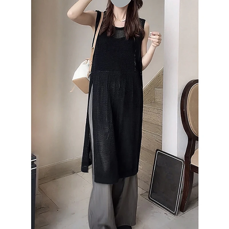 Summer Sleeveless Tank Dress Women Hollow Out Solid Color O-neck Basic Casual Holiday Midi Dresses