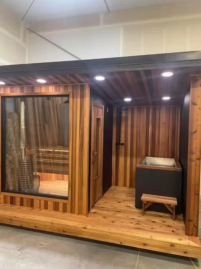 Modern Outdoor Sauna Red Cedar Hemlock Electric Dry Steam Room with Shower Tub Luxury Custom