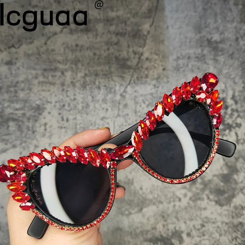 Cat Eyes Red White Diamond Women's Sunglasses Luxury Brand Designer Crystal Sunglasses For Ladies Lentes De Sol Hombre