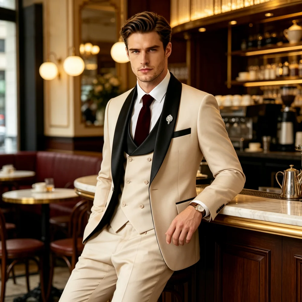 

Men's Classic 3-Piece Terno Blazer Set with Dark Blue Stripes Notch Lapel Formal Dress Suit Vest And Trousers