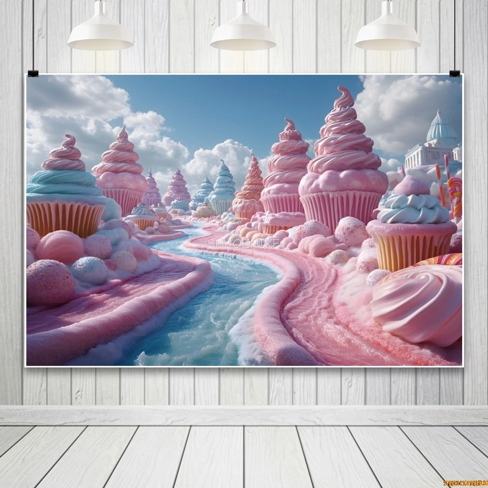 Cupcake Syrup River Backdrop Pink Baby Shower Princess Girls Birthday Party Portrait Photography Background Decor Photostudio