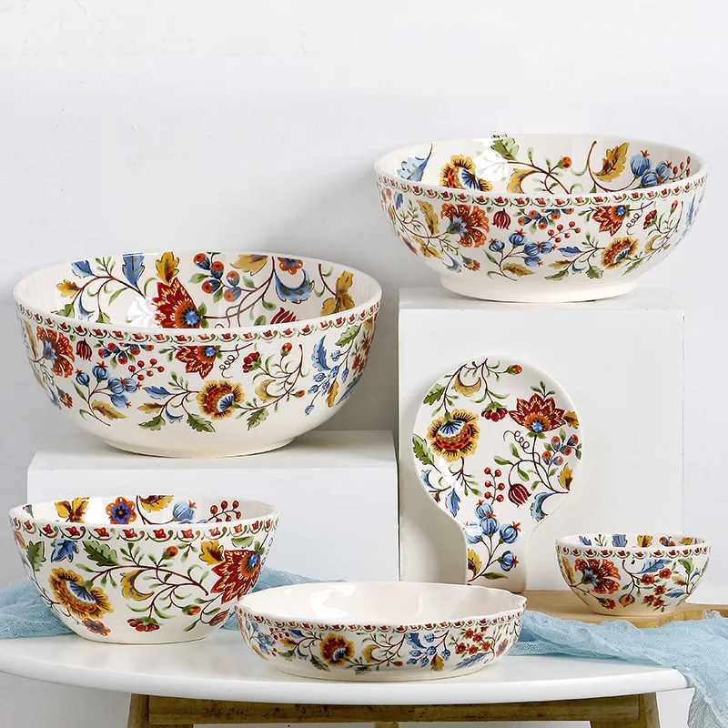 

Tableware Ceramic Dinner Porcelain Dessert Plate Steak Snack Cake Salad Soup Rice Bowl Fresh Floral Bowl