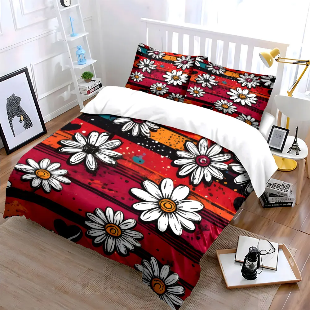 Graffiti Stripe White Daisy Paint Splash Duvet Cover Set, Retro Pop Art Bedding Includes 1 Duvet Cover And 2 Pillowcase, Gift