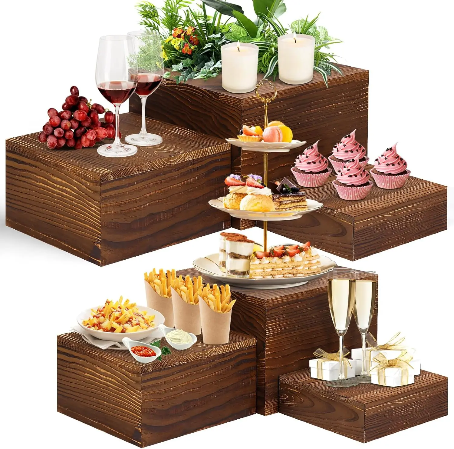 

6-Pack Rustic Wood Cake Stands, Square Food Risers for Buffet Display and Home Decor