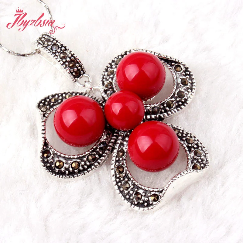 8.10mm Round Manmade Red Coral Marcasite Tibetan Silver Anniversary Classical Party Pendant 35x45mm Earring 19x25mm Jewelry  Set