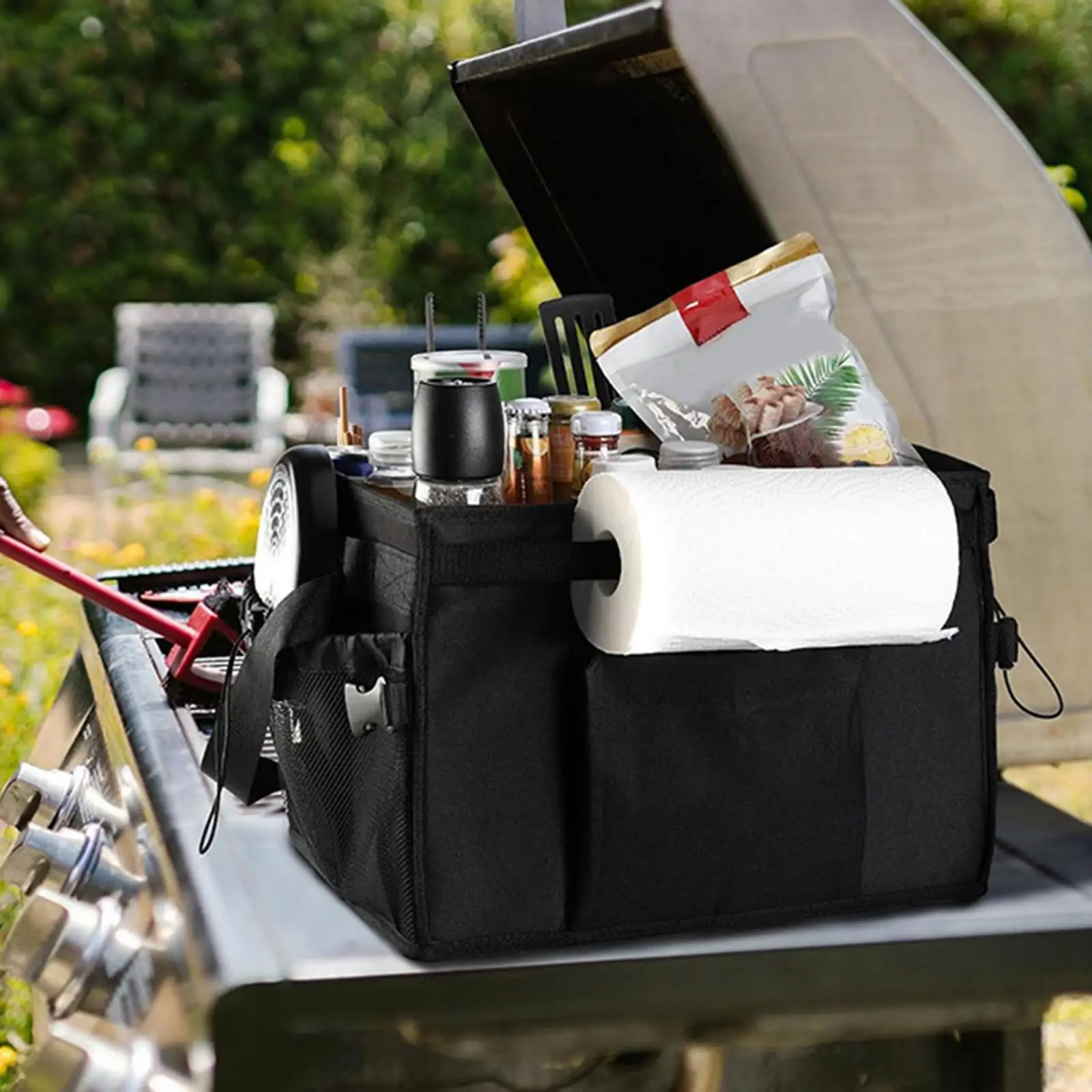 

Grill Utensil Storage Bag Tailgating Accessory Basket with Shoulder Strap Camping Gear Foldable BBQ Supplies Organizer Portable