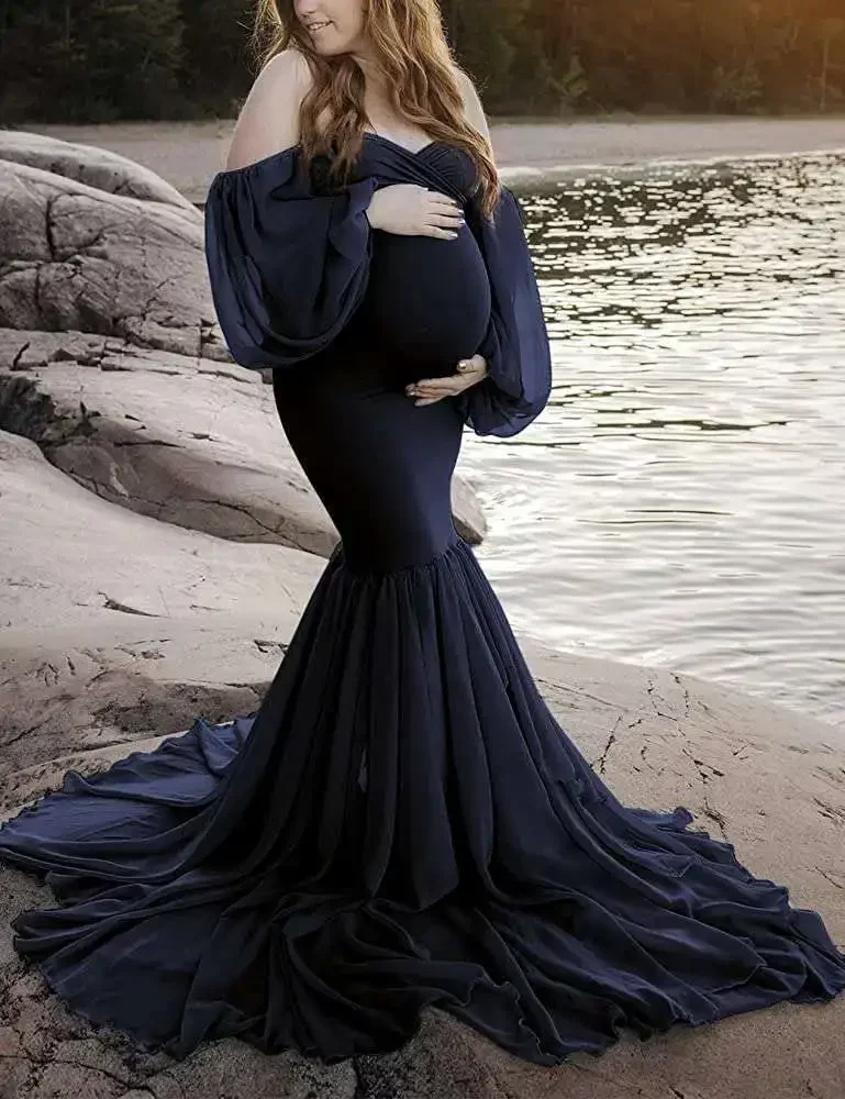 

Fashion Maternity Dress for Photo Shoot Maxi Maternity Gown Lantern Sleeves Lace Fancy Women Maternity Photography Props