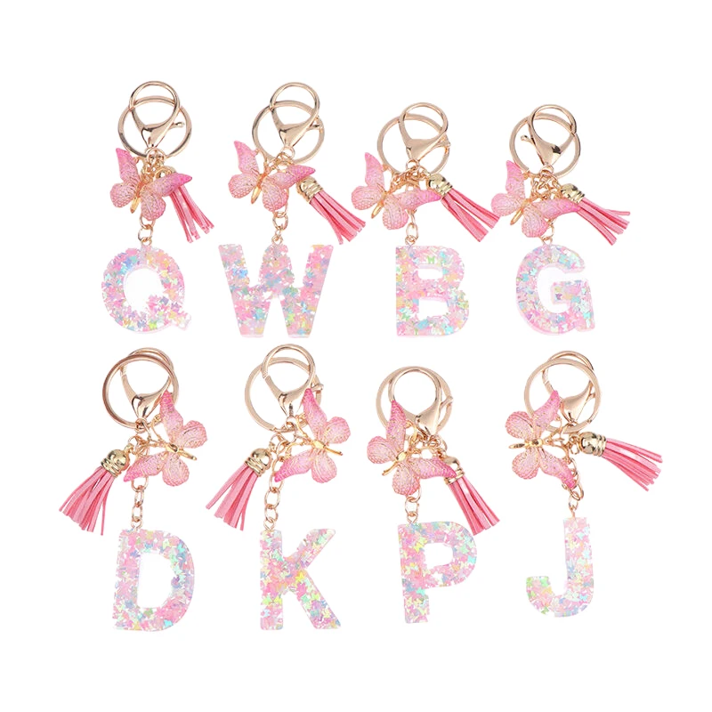 A-Z Tassel Butterfly Pendant Dreamy Sequin Letters Keychain For Women Initial Keyring Purse Suspension Bags Charms Car Key Chain