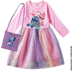 Disney Stitch Vestido de manga comprida e bolsa para meninas, Kids Cosplay Dresses, Princess Party Costume, Baby Clothing, Children