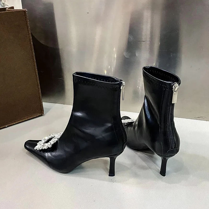 

Серебряные модные современные женские ботильоны со стразами, обувь на каблуке, вечерние женские короткие эластичные ботинки, женские туфли-лодочки, новинка