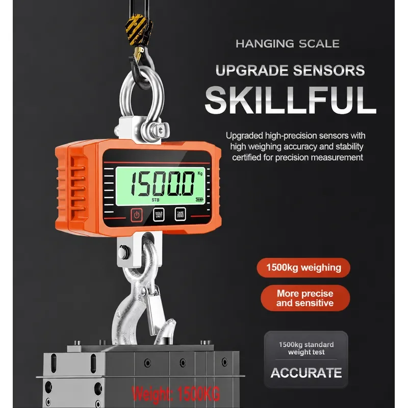 2000kg Digital Hook Scale, Portable Crane Scale with LCD Display, Industrial 2T Hanging Weighing Tool