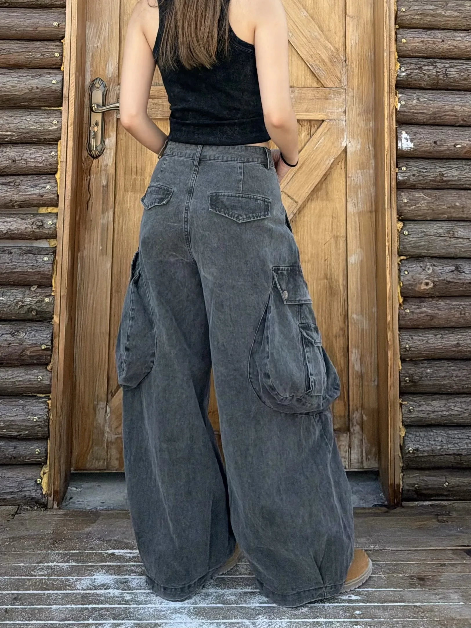 American Street Style Vintage Loose Wide Leg Multiple Pockets Knife  Jeans Casual Cleanfit  Long Trousers Trendy Brand