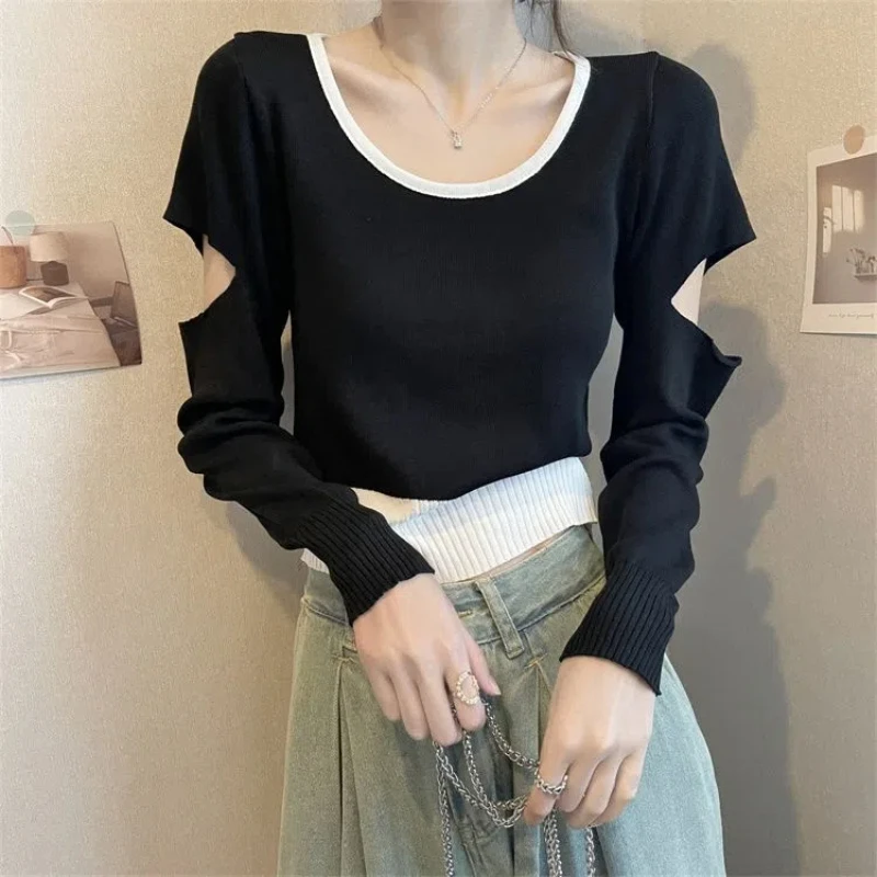 Fake Two Pieces Hollow Out Short Sweaters Autumn Long Sleeve Youth All-match Trend Pullovers Top Fashion Casual Women Clothing