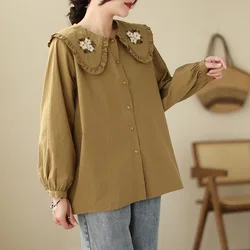 2023 New Spring Fashion Sweet Style Embroidery Floral Shirts For Women Lantern Sleeved Doll Neck Loose Vintage Blouse Female Top