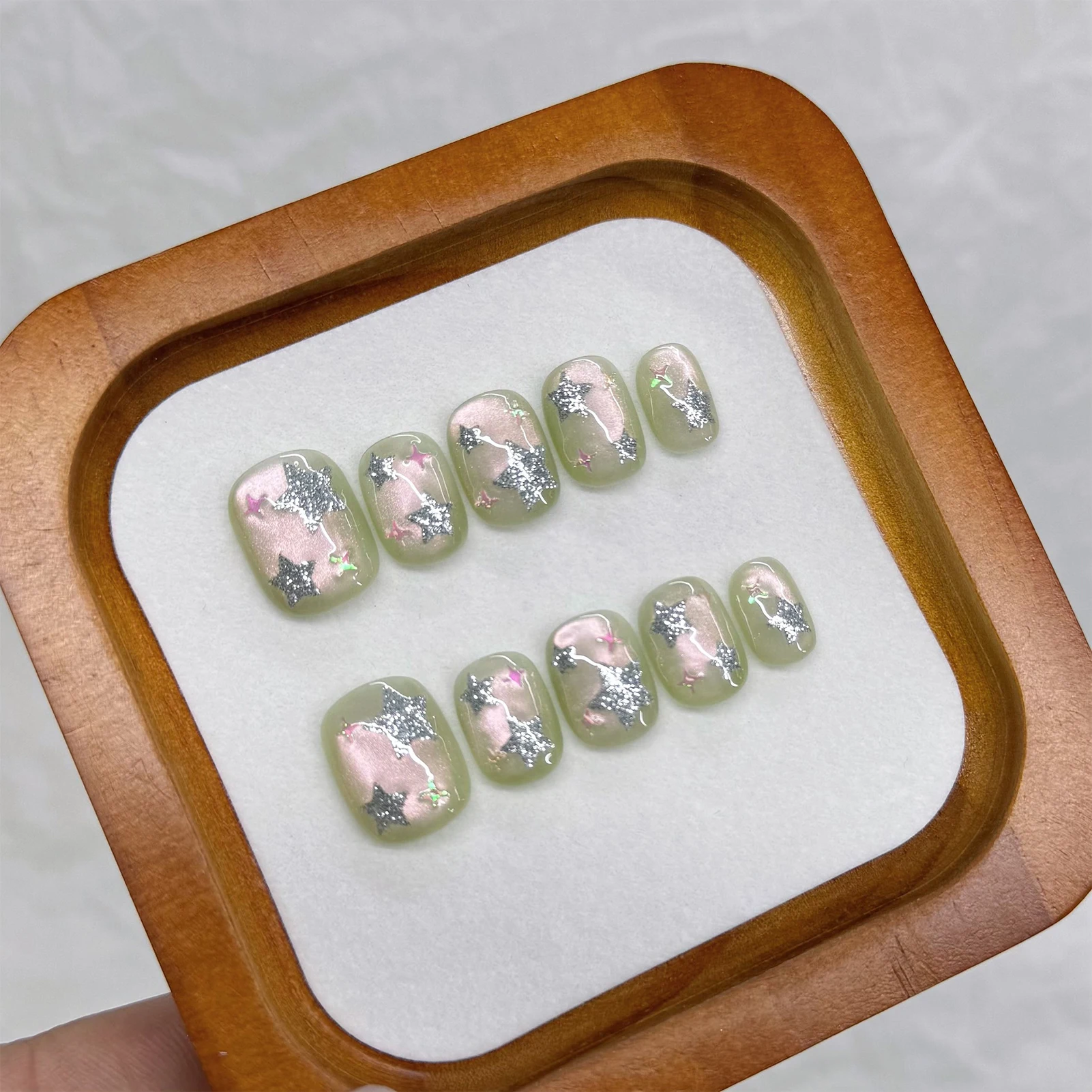 10pcs Glass Bead Cat‘s Eye Handmade Press On Nails With Glitter Stars Designs Removable Detachable Fashion False Nails Square