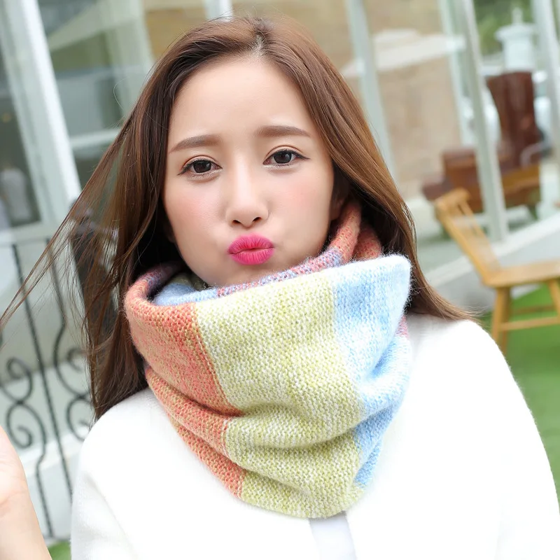 Rainbow Knitted Infinity Scarves for Women Winter Ring Scarf Warm Neckerchief Loop Shawl Circle Snood Neck Guard Foulard