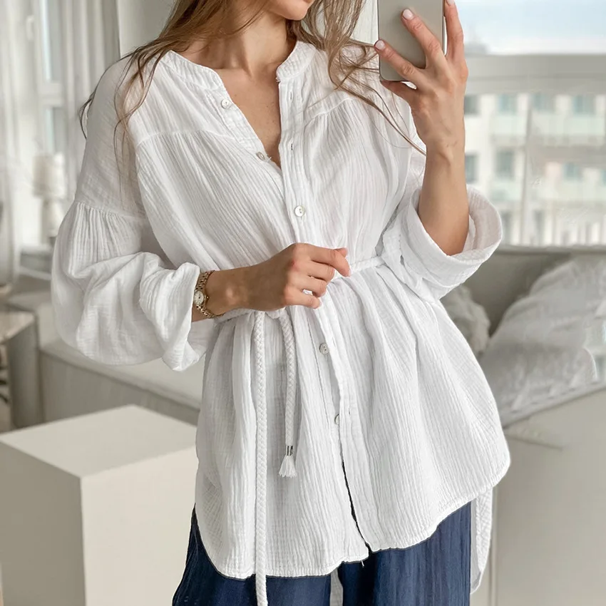 

Autumn Crepe Pure Cotton Lace-up Shirt Women's Loose Medium And Long Stand-up Collar Long-sleeved Cardigan Top Women's Clothing