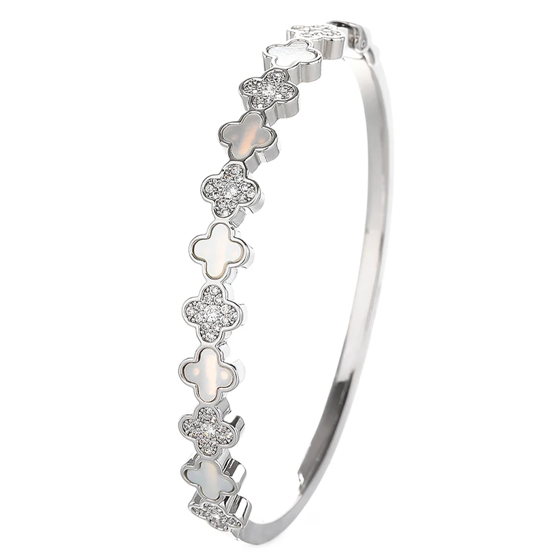 

HLL Elegant Women's Fine Bangle 925 Sterling Silver Four Leaf Clover Shell Stylish Rhodium Plated Zircon Rhodium Plated Sterling