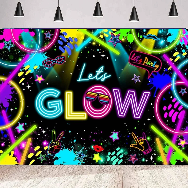 Neon Glow Photography Backdrop Let's Glow Colorful Graffiti Splatter Birthday Background Home Party Backdrop Wall Banner Poster