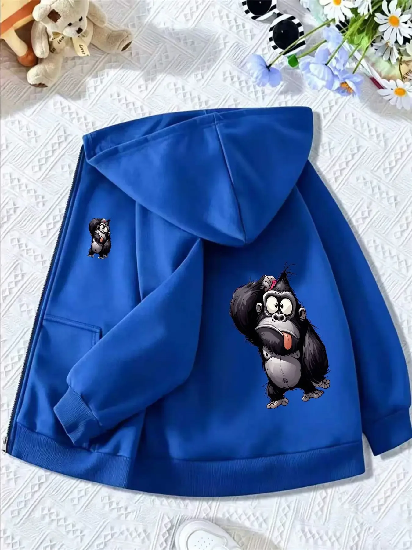 Black Full Zip Hoodie Side Mini Cartoon Gorilla Print Back Large Funny Tongue Out Ape Graphic Casual Street Sweatshirt