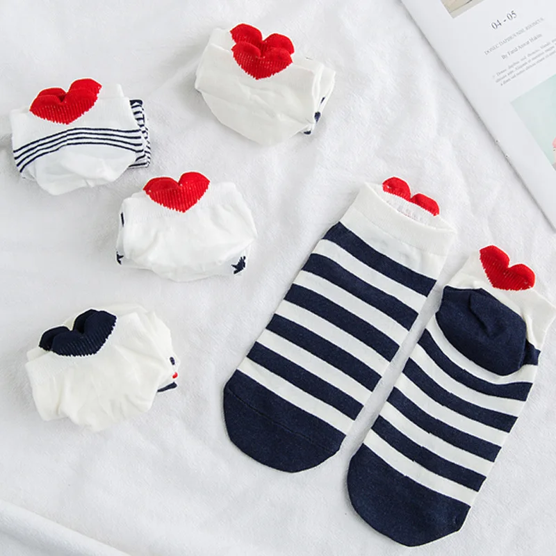 

5 Pairs New Women'S Cotton Socks Pink Cute Heart Ankle Socks Short Women Socks Casual Red Heart Ladies Girls Socks
