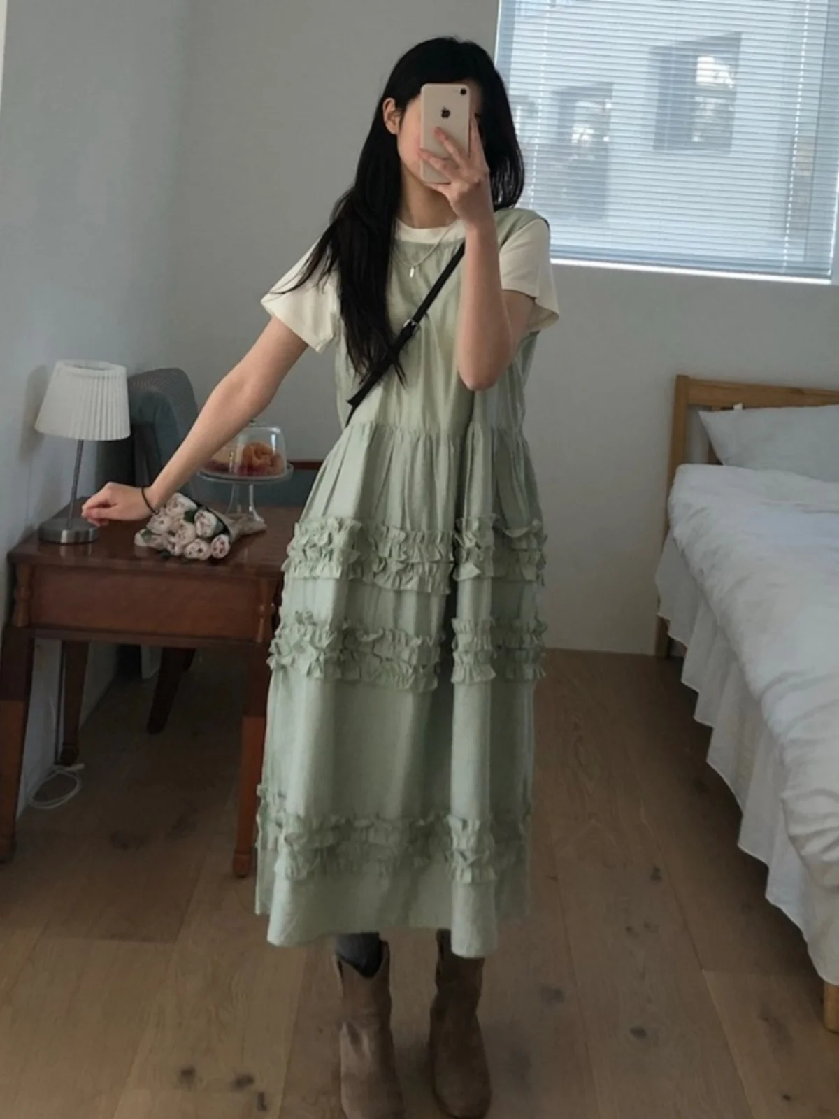 Vestido Estilo Coreano em A para Mulheres, Moda de Primavera, Design em Camadas, Saia Longa inada, Confortável, Cintura Elá...