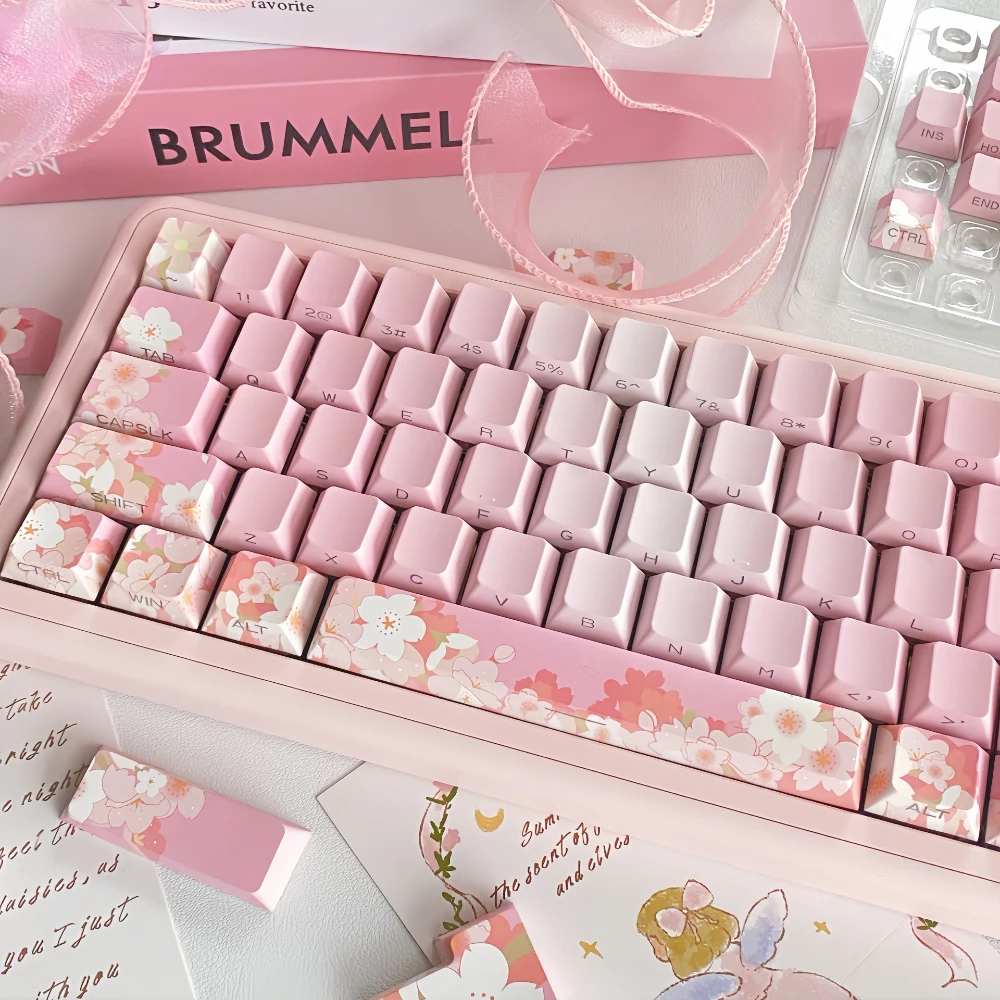 Pink Cherry Blossom Keycaps, transmissão de luz, gravação lateral, sublimação, teclado mecânico, keycaps gradiente, 14 chaves