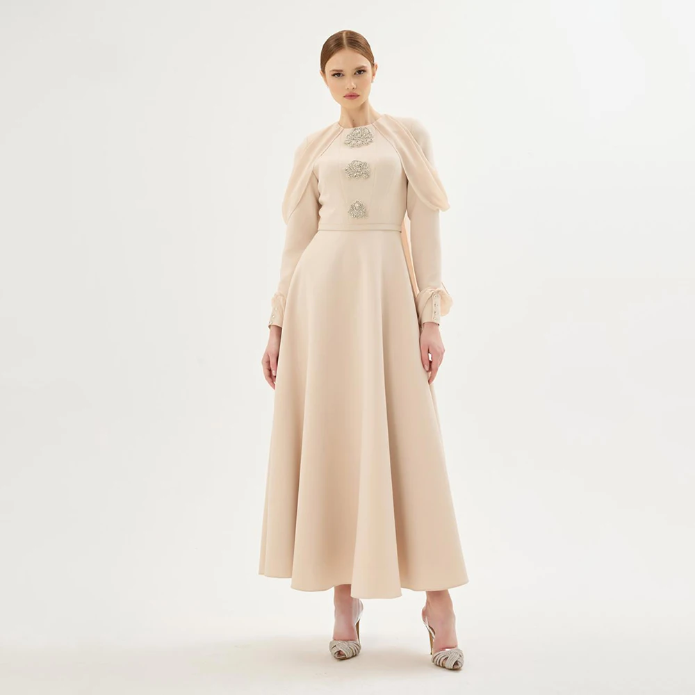 

Ankel Length Champagne Evening Dress For Women Beading Formal Party Gown A Line Prom Dress Long Sleeves Saudi Dress