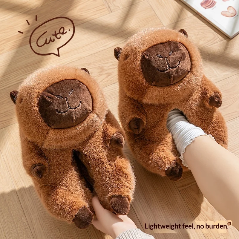 

2025 New Capybara Plush Slippers Winter Warm Fluffy Fleece Lined Thick Sole Anti Slip Wrapped Heel Indoor Home Cute Cotton Shoes
