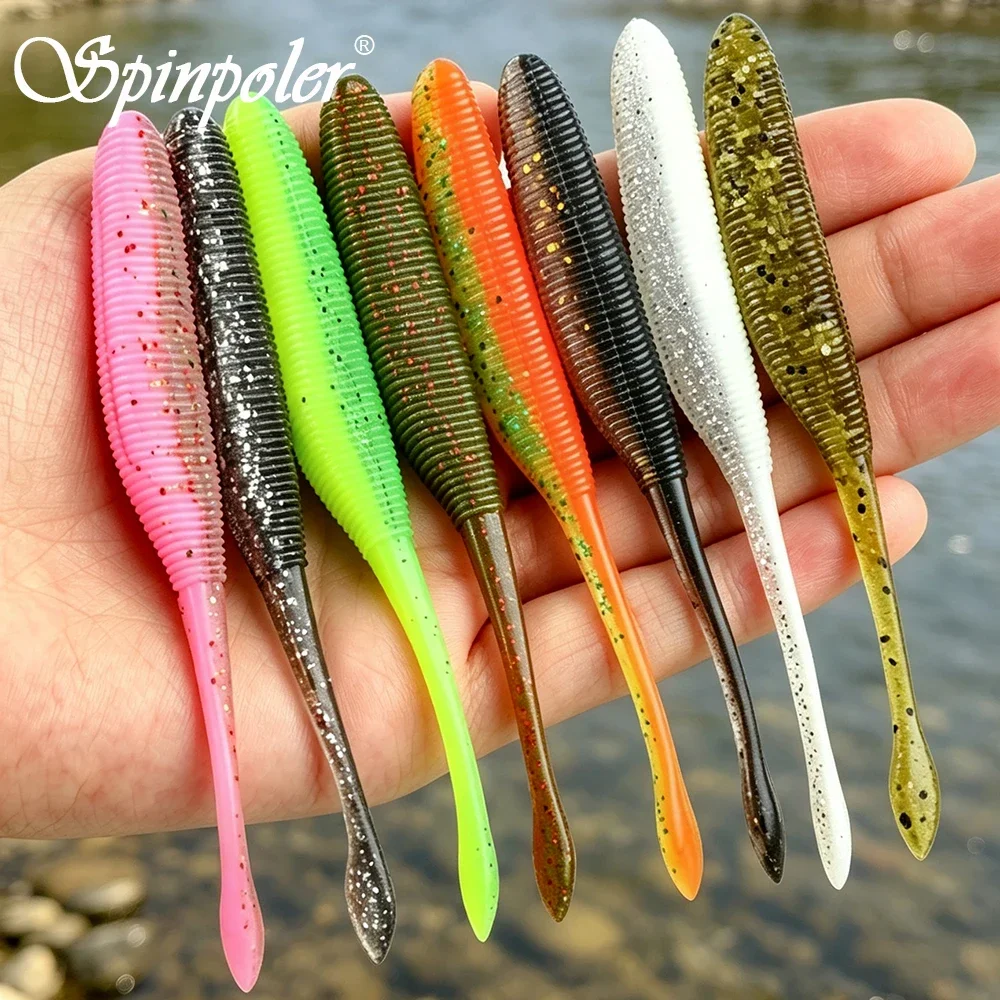 Spinpoler Ribbed Spindle Worm Soft Fishing Bait Sinking Salt Impregnated Lure Worm Fresh Saltwater Bass Trout Tackle 10pcs/pack