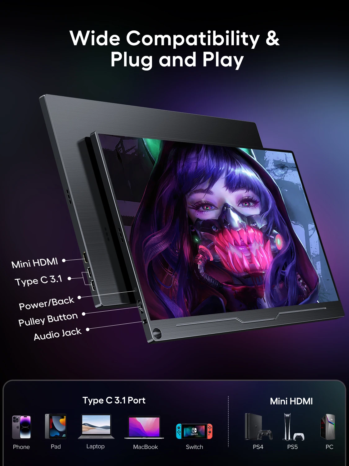 شاشة UPERFECT المحمولة الكبيرة مقاس 18.5 بوصة بدقة 1080 بكسل وتردد 120 هرتز و100%sRGB IPS ومكبرات صوت USB-C HDMI للعمل والمنزل وشاشة ثانية لأجهزة الكمبيوتر المحمول وأجهزة Mac وSurface ووحدة تحكم الألعاب