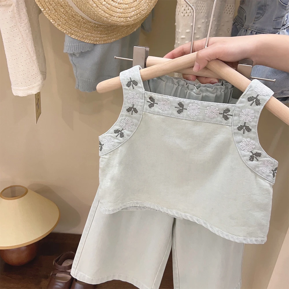 Melario Embroidered Girls Clothing Sets Summer New Fashion Girls Suits Cotton Linen Sleeveless Vest Wide-leg Pants Suits Outfits