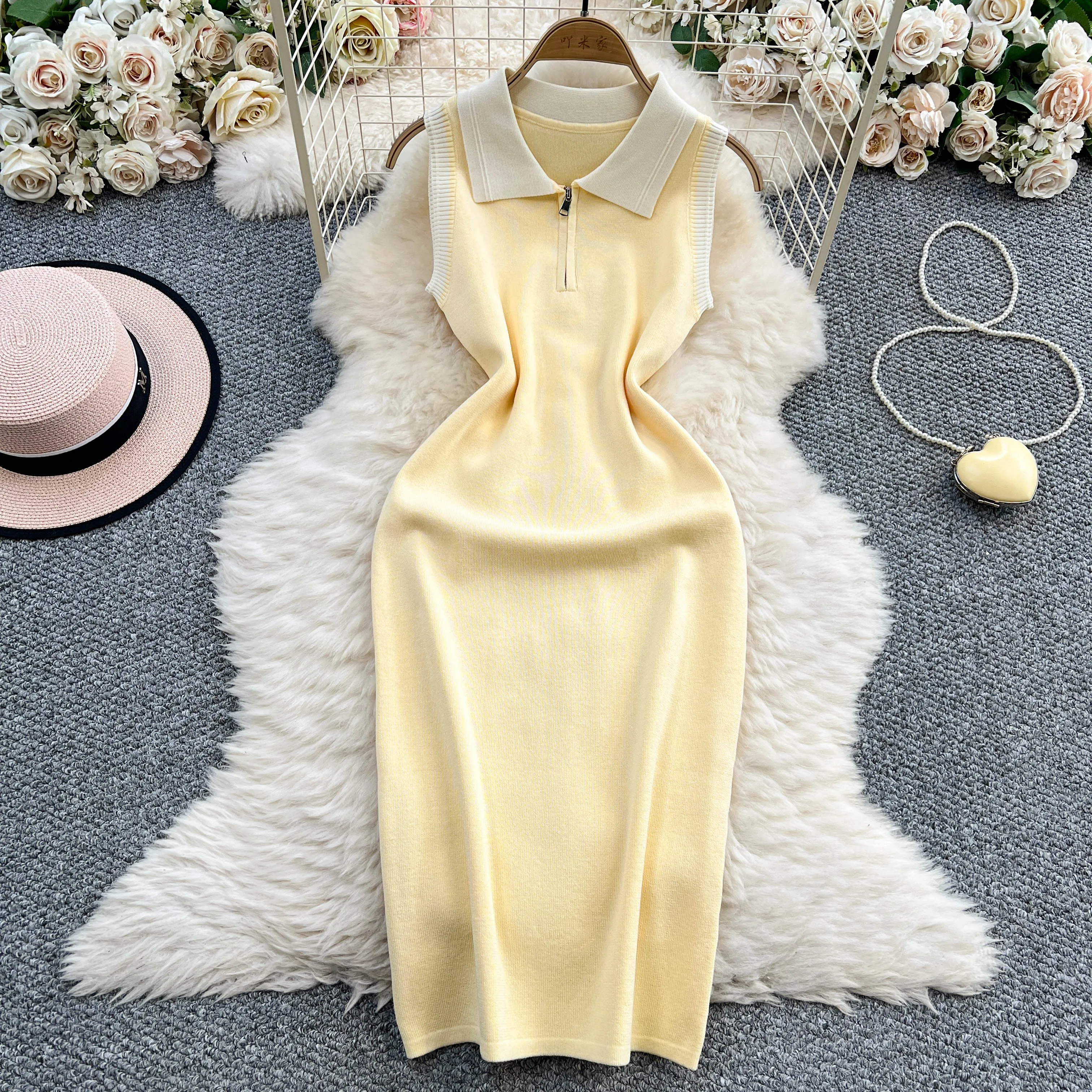 REALEFT Elegante Cerniera Lavorato A Maglia Delle Donne Wrap Abiti 2025 Nuova Estate Senza Maniche Polo Collare Solido Casual Tubino Vestito Dal Carro Armato Femminile