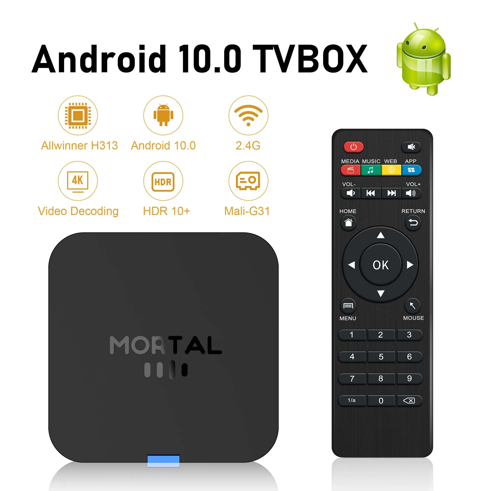 Global Mortal TX1-S Smart Andriod TV box Allwinner H313 Quad Core Android10 2.4G WiFi 4K HDR10 YouTube Streaming Media Player