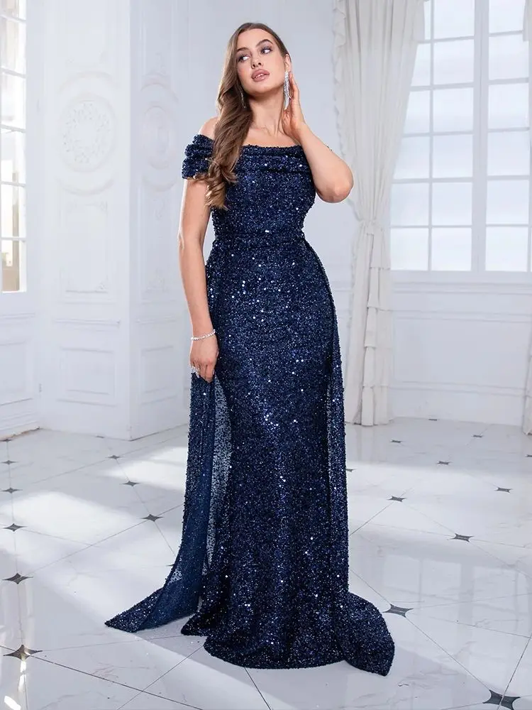 Romagic Navy Blue Slash Neck Off the Shoulder Prom Gown Dress Sequin Detachable Train Mermaid Evening Party Dresses Cocktail