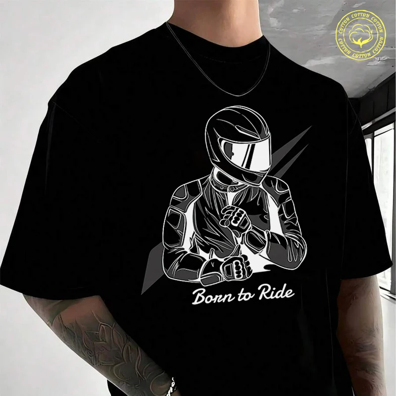 

A Motorcyclist Wearing A Helmet Men's Moto T-Shirt Fashionable Casual Street Style Suitable For Travel And Sports Tee