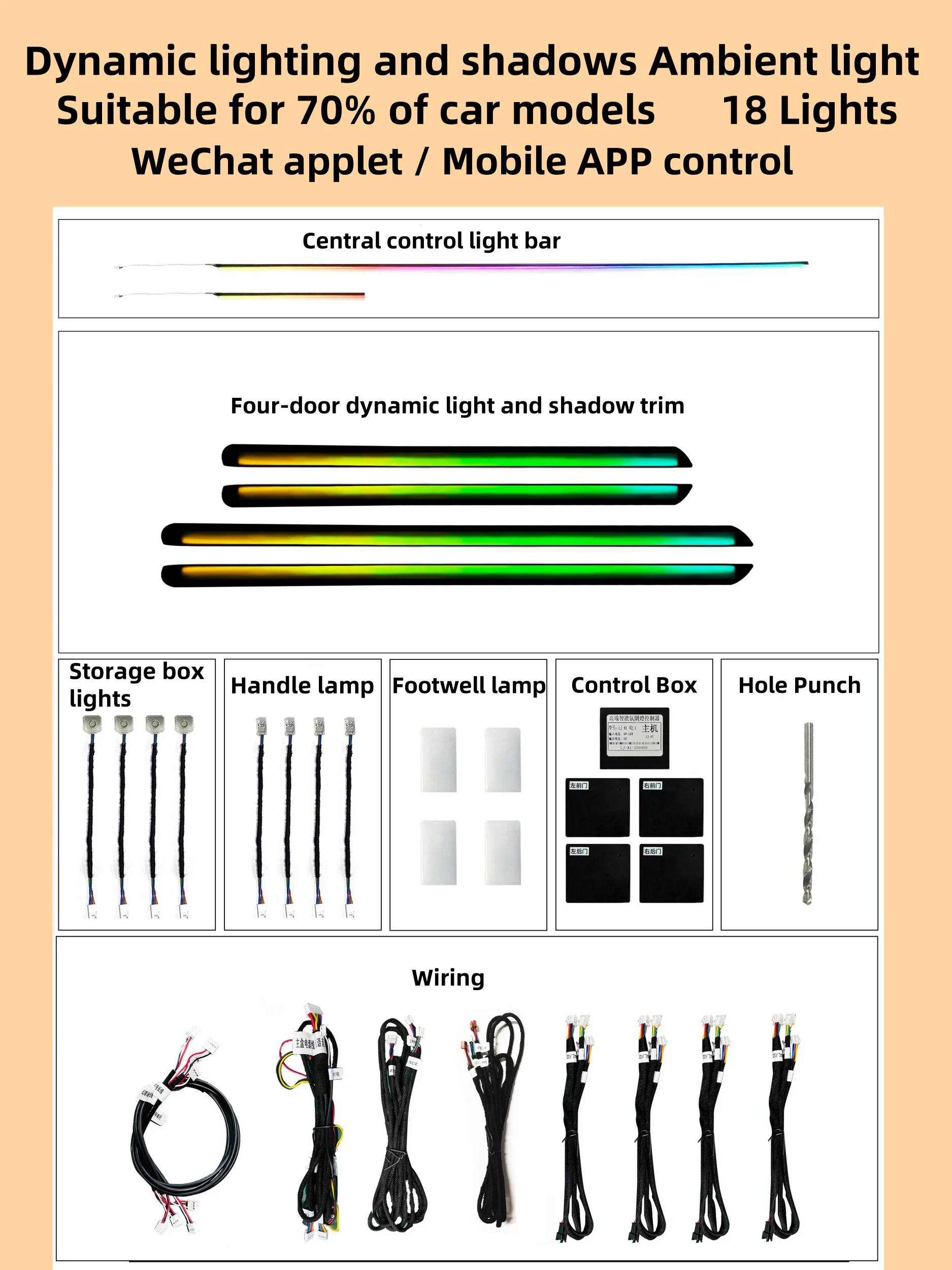 Universal Auto Interior Lighting Dynamic Ambient Light with 18 Lights and Shadows Trim for 70% of Car Models