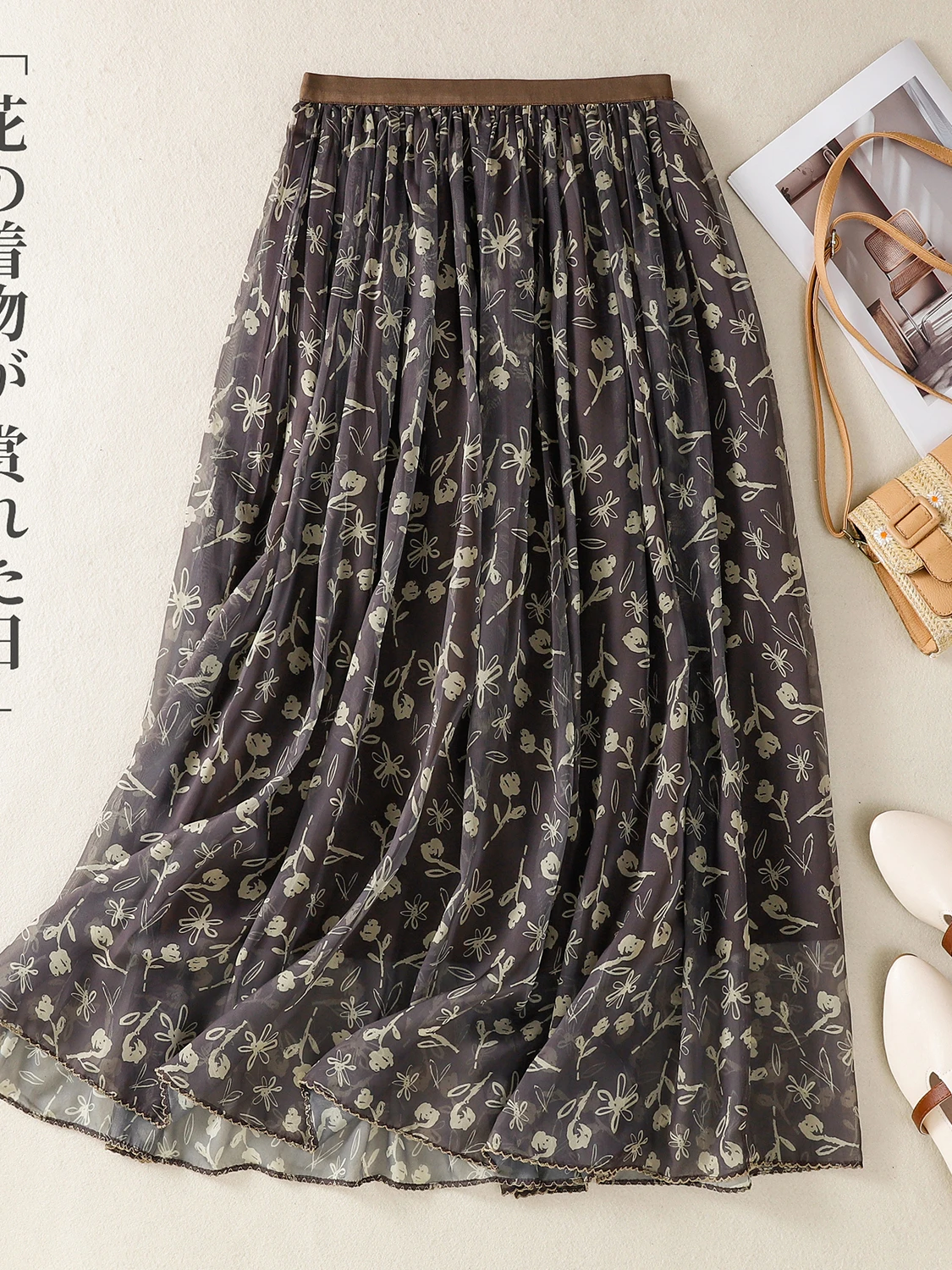 Sommer 2025, neuer Stil für Damen, Übergröße, A-Linien-Rock, Blumendruck, Chiffon, elastische Taille, cooler Schlankheits-Midirock, Pendler-Arti...