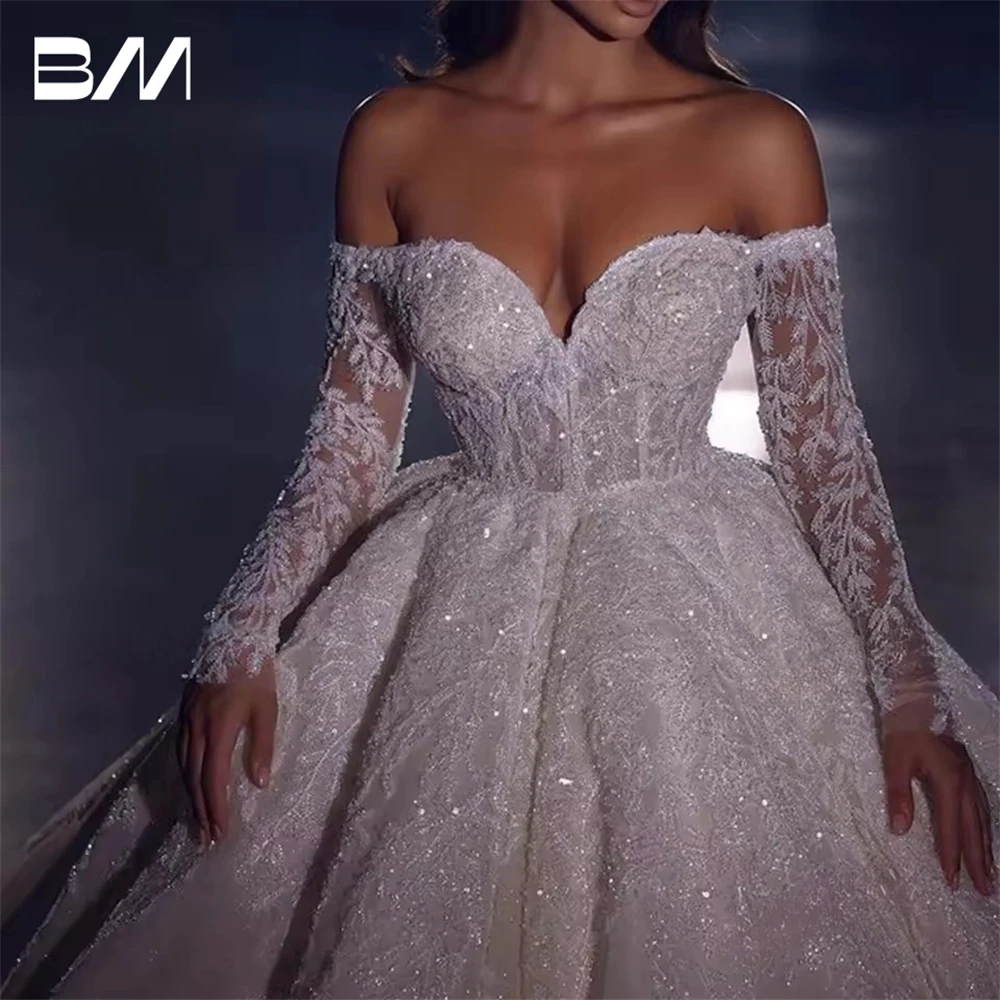 

Sparkle Off the Shoulder Wedding Dresses for Women 2025, Customized Illusion Long Sleeves Bride Dress, Princess Bridal Gown