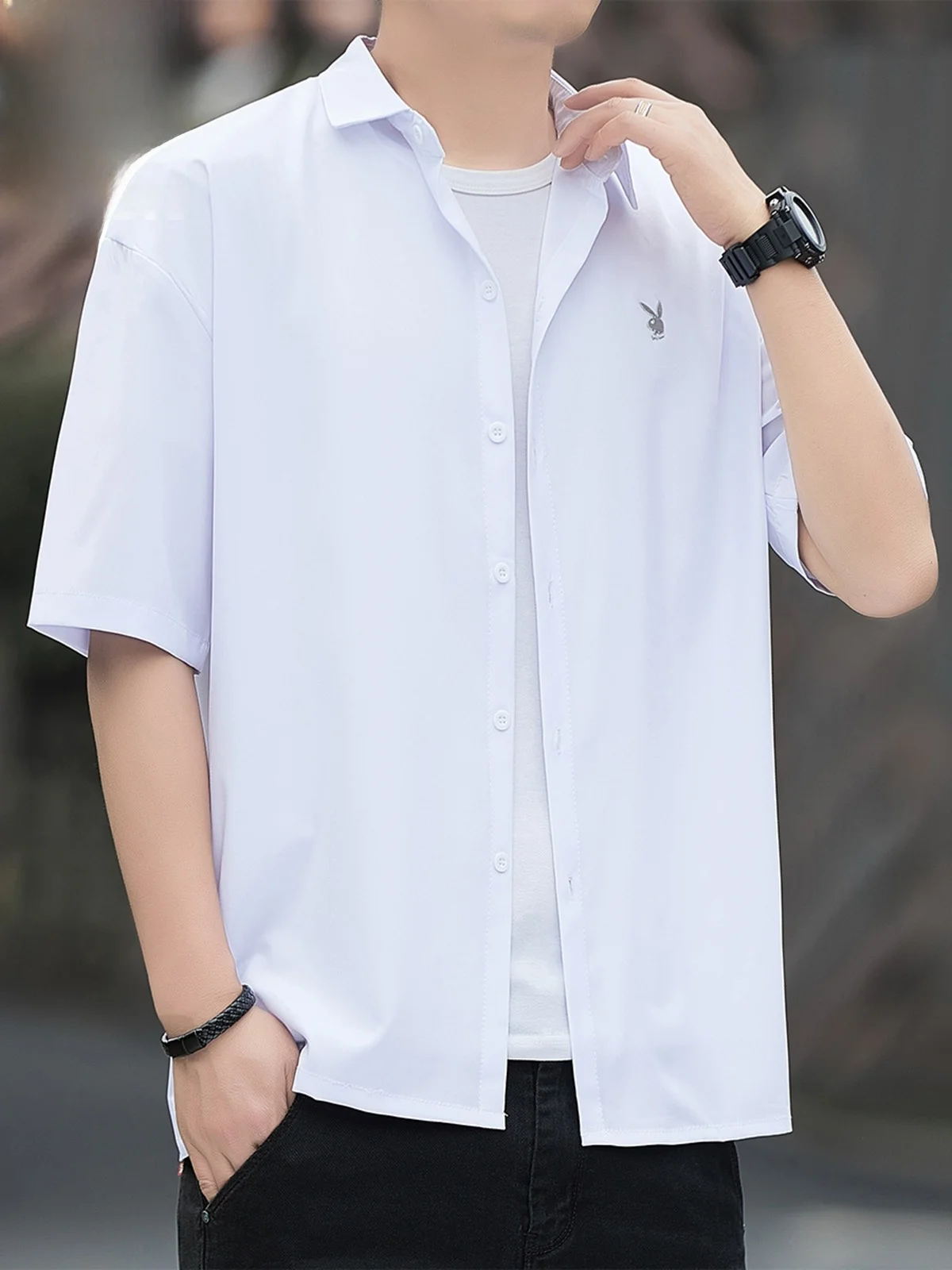 

Мужская белая рубашка с коротким рукавом, летняя, тонкая, повседневная, свободного кроя, на пуговицах, из полиэстеровой смеси, молодежная, модная