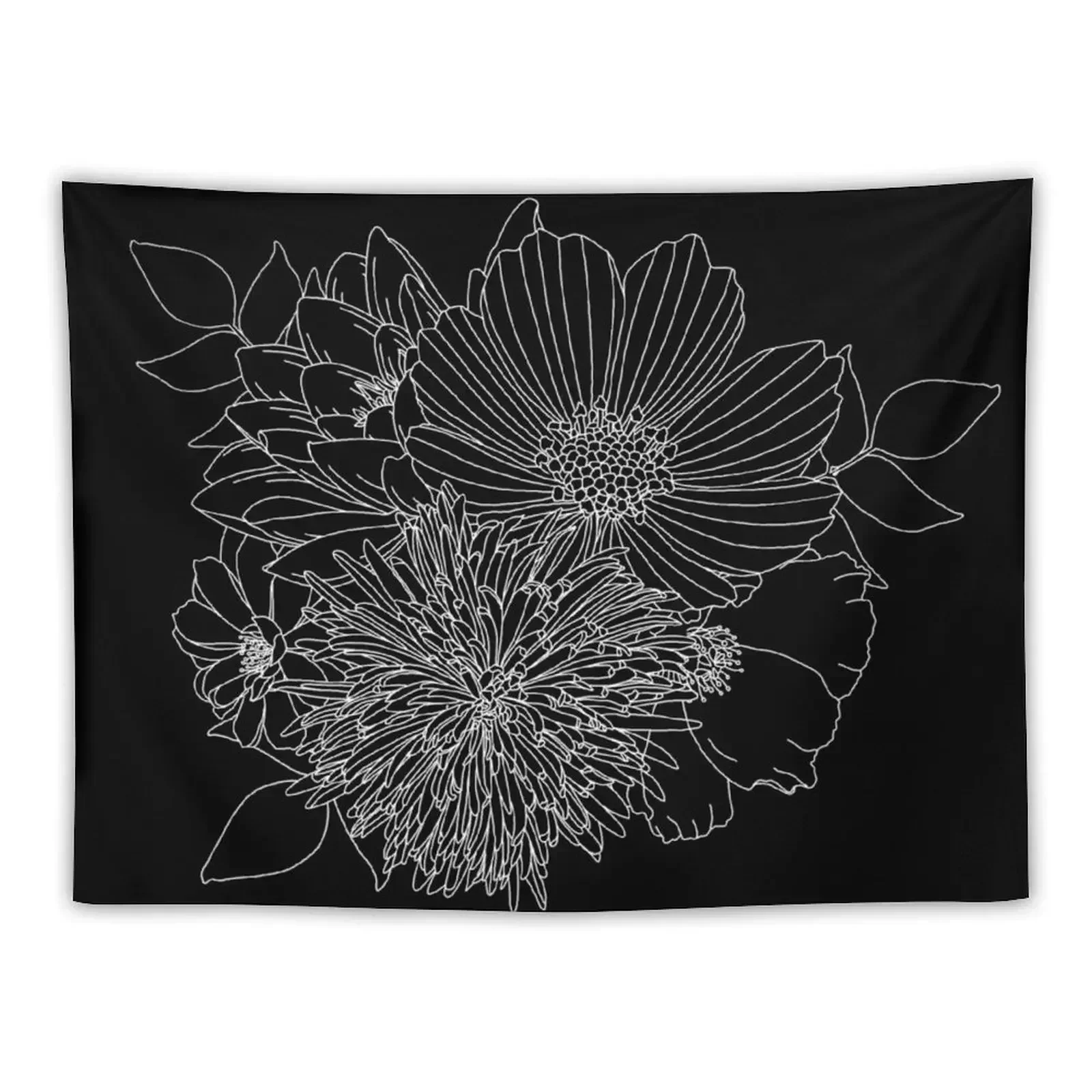 Floral Bouquet - White on Black Tapestry Bedroom Deco Decorative Wall Murals Decoration For Home Tapestry